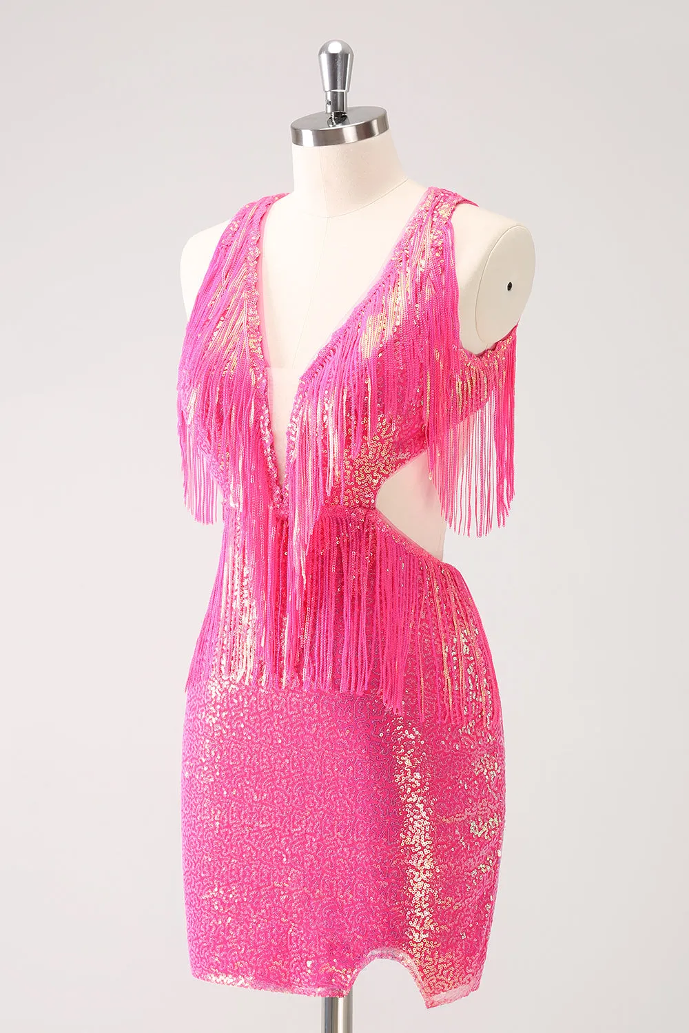 Sparkly Fuchsia V-Neck Backless Tight Mini Dress with Tassel