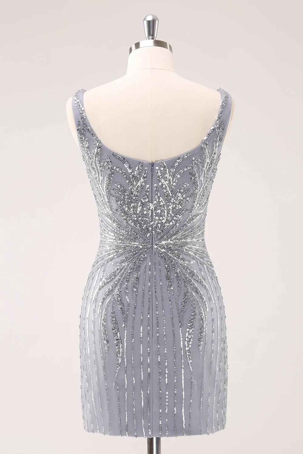 Sparkly Grey Square Neck Tight Mini Dress with Sequins
